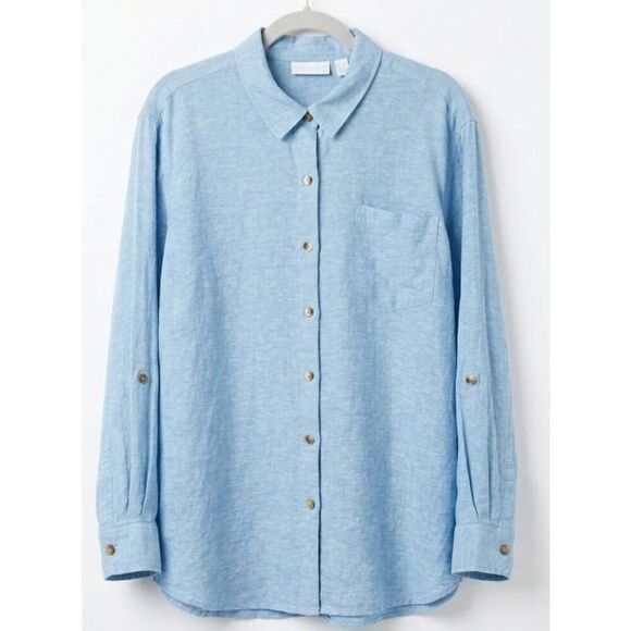 Susan Graver Tops - Susan graver womens large linen shirt blue tab sleeve shirt with side pockets